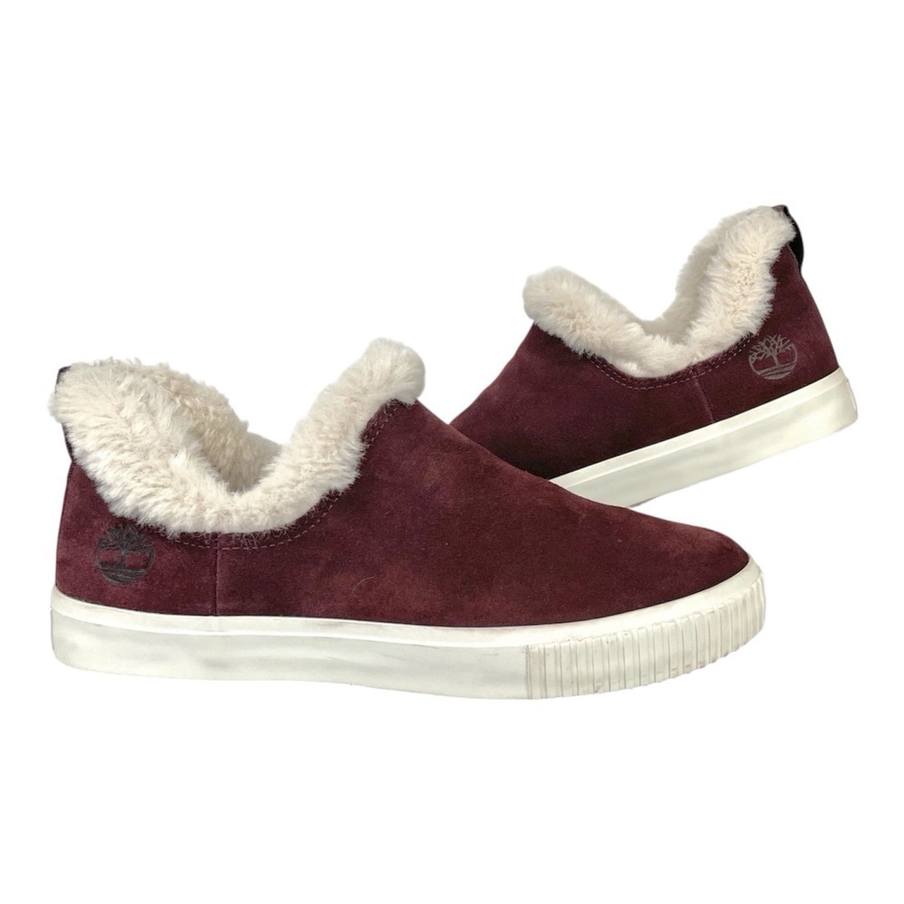Timberland Skyla Bay Burgundy Suede Faux‎ Fur Lined Slip On Shoes Womens 8.5